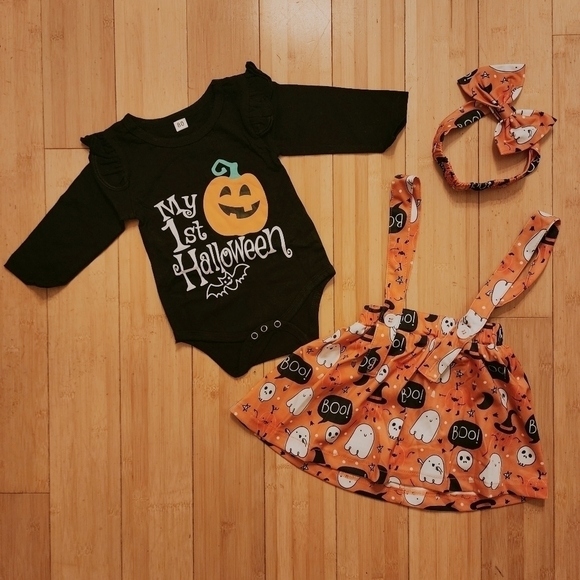 NWT My 1st Halloween 3 Piece Outfit Baby Pumpkin Patch Photoshoot 6M & 12M New - Picture 1 of 10
